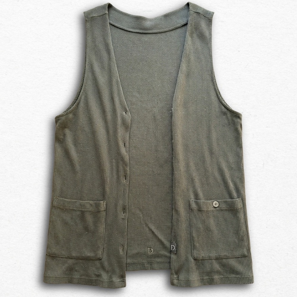 Bryn Walker Womens Ribbed Knit Button Front Vest Olive Green Patch Pockets Small